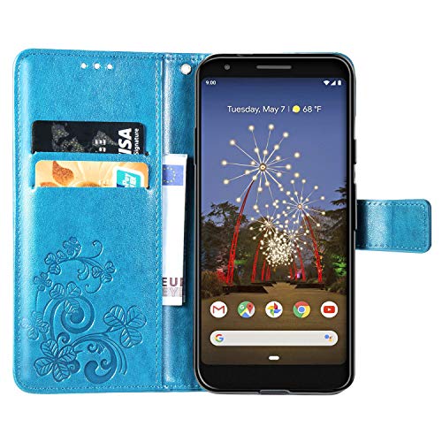 Candy House - Funda con tapa para Google Pixel 3a XL, diseño de flores talladas, piel sintética, con tarjetero, correa de mano, color azul
