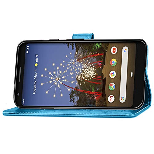 Candy House - Funda con tapa para Google Pixel 3a XL, diseño de flores talladas, piel sintética, con tarjetero, correa de mano, color azul