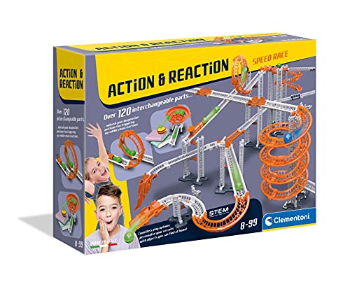 Clementoni- Action & Reaction-Mega Set, Circuito Marble Bloques, Pista de Bolas, Laberinto de canicas, Juego de construcción Stem-Made in Italy, Multicolor (97856)