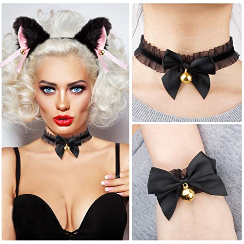 COLOFALLA Set 4pcs Diadema Orejas de Gato + Gargantilla de Encaje + Pulsera de Encaje con Cascables Disfraz de Gato para Carnaval Fiesta Temática Disfraz Negro y Rosado