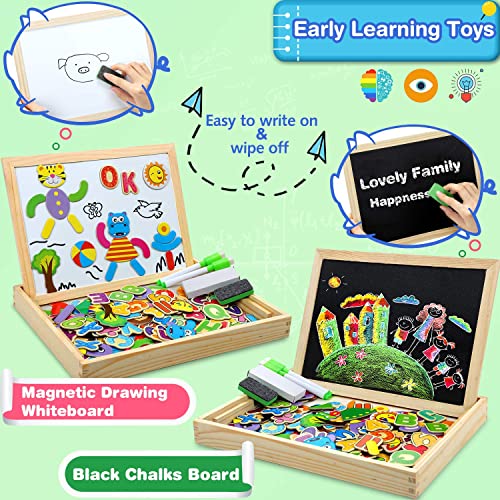 COOLJOY Puzzles Rompecabezas Magnéticos de Madera Juguete Educativo Tablero de Dibujo de Doble Cara para Mayores de 3 Años - Acerca de 100 Piezas (Número y Letra)