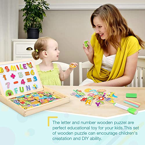 COOLJOY Puzzles Rompecabezas Magnéticos de Madera Juguete Educativo Tablero de Dibujo de Doble Cara para Mayores de 3 Años - Acerca de 100 Piezas (Número y Letra)