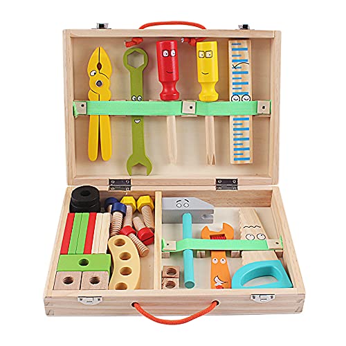 deAO Caja de Herramientas Infantil de Madera Conjunto de Juguete con 37 Piezas Organizador Portátil con Variedad de Herramientas y Accesorios Incluidos
