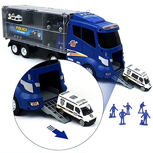 deAO Camión de Emergencias Transportador Maletín Porta Coches de Juguete Incluye Surtido de Vehículos Die-Cast, Mapa y Figuras de Policía