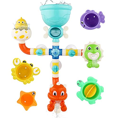deAO Conjunto Juguetes para Hora del Baño Infantil Tuberías de Dinosaurio, Jarritas de Animales Incluidas Divertido Juguete para la Bañera
