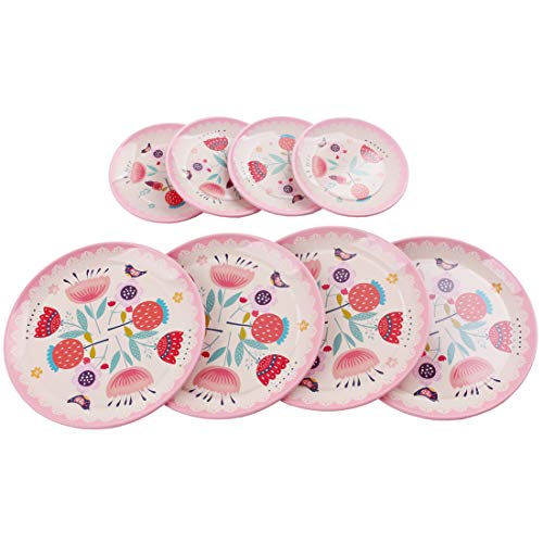 deAO Juego de Té en Maletín Portátil Conjunto Infantil de 14 Piezas Incluye Tetera, Platos y Tazas Diseño Metálico de Imitación Maleta Picnic (Rosa)