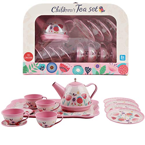 deAO Juego de Té en Maletín Portátil Conjunto Infantil de 14 Piezas Incluye Tetera, Platos y Tazas Diseño Metálico de Imitación Maleta Picnic (Rosa)