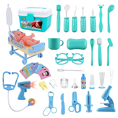 deAO Maletín de Doctor 4 en 1 con Temática de Hospital, Enfermería, Clínica Dental y Laboratorio Clínico Juego de Imitación para Niños y Niñas Incluye Accesorios con Luz y Sonidos