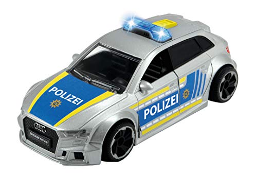 Dickie Toys Audi RS3 203713011 - Coche de policía con fricción, con Accesorios y Bloqueo de Carretera, luz y Sonido, Incluye Pilas, Escala 1:32, 15 cm, a Partir de 3 años, Color Plateado y Azul