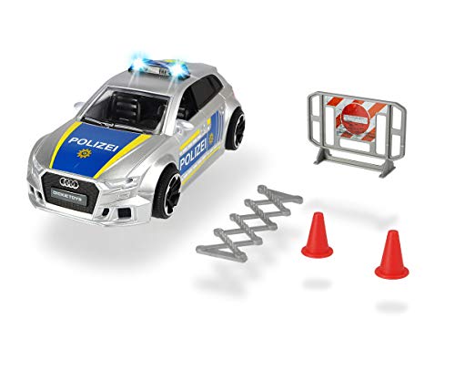 Dickie Toys Audi RS3 203713011 - Coche de policía con fricción, con Accesorios y Bloqueo de Carretera, luz y Sonido, Incluye Pilas, Escala 1:32, 15 cm, a Partir de 3 años, Color Plateado y Azul