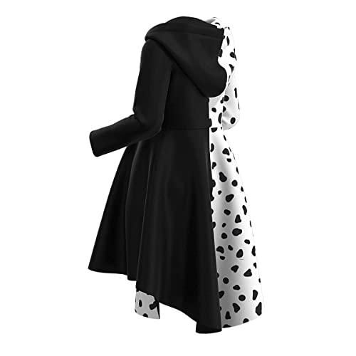 Disfraz de Cruella Deville para Niñas 101 Dálmatas Cruela Vestido Cosplay Fiesta Cumpleaños Navidad Costume de Halloween Vestido Abrigo con Guantes Peluca Soporte para Cigarrillos 4pcs 11-12 años