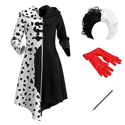 Disfraz de Cruella Deville para Niñas 101 Dálmatas Cruela Vestido Cosplay Fiesta Cumpleaños Navidad Costume de Halloween Vestido Abrigo con Guantes Peluca Soporte para Cigarrillos 4pcs 11-12 años