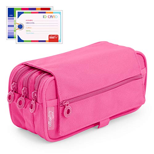 Estuche Portatodo Triple de Amplios Apartados Interiores con Tres Cremalleras para Material Escolar o Neceser. Fucsia