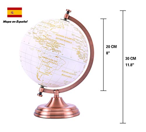 EXERZ 20cm Globo Dorado Color Metálico - Decoración Educativa, Geográfica, De Escritorio Moderna - Arco Y Base De Metal, Recubiertos En Color Dorado - Español