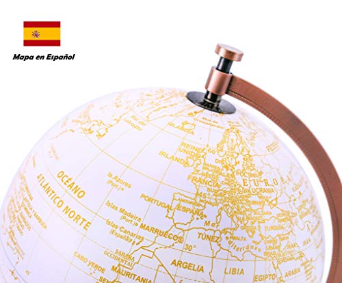 EXERZ 20cm Globo Dorado Color Metálico - Decoración Educativa, Geográfica, De Escritorio Moderna - Arco Y Base De Metal, Recubiertos En Color Dorado - Español