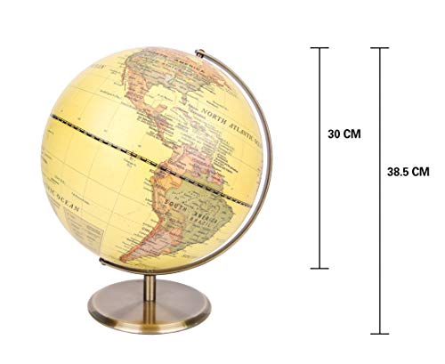 Exerz 30cm Globo Antiguo - Soporte de Metal Color Bronceado - Mapa de Ingles- Globo Terráqueo Giratorio Grande - Decoración/Educativo/geográfico - para la Escuela, el hogar y la Oficina