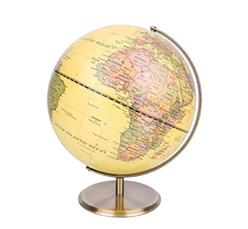 Exerz 30cm Globo Antiguo - Soporte de Metal Color Bronceado - Mapa de Ingles- Globo Terráqueo Giratorio Grande - Decoración/Educativo/geográfico - para la Escuela, el hogar y la Oficina