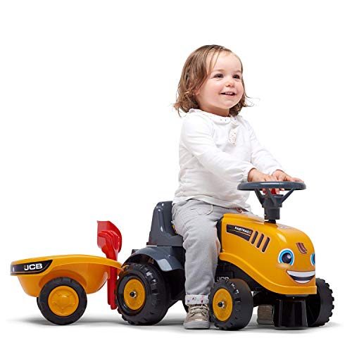 Falk – Portaobras JCB con Remolque – A Partir de 12 Meses – Fabricado en Francia – Pala y rastrillo incluidos, 2 Estilos de personalización, Placa de matrícula Personalizable – 215C