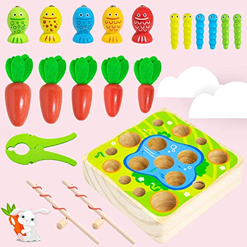 Felly Juguetes Montessori 1 Año, Juguetes de Madera Rompecabezas Zanahorias Clasificación Juego de Pesca Juguetes Educativos Niños, Temprano Regalo de Cumpleaños Navidad para Bebés de 1-3 años