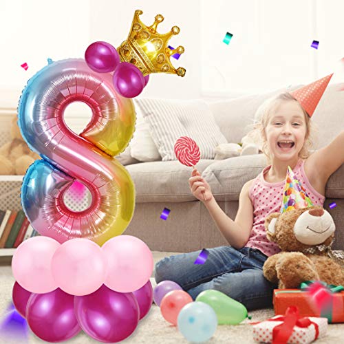 Foil Globo Número 8 Rosa, 8er Cumpleaños Globos, Feliz Cumpleaños Decoración Globos 8 Años Niñas, Arco Iris Globos de Número 8, Globos Numeros para Cumpleaños, Fiesta, Decoración