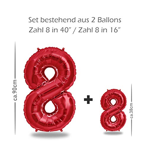 FUNXGO Globo Numero 8 Rojo - 100 cm & 40cm - Globos de Cumpleãnos 8 - Rojo Globo 8 años cumpleaños - Decoracion 8 Cumpleaños - Adecuado para cumpleaños, Fiestas sorpresas, Fiestas