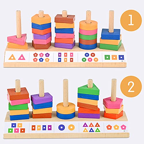 GOLDGE Apilador Geométrico de Madera, Juguetes Educativos para Niños, Juguetes Educativos Montessori Apilables para Niños Niñas Bebés de 4 5 6 Años