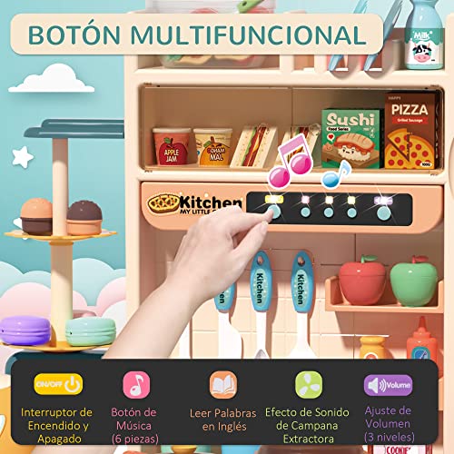 HOMCOM Cocina de Juguete para Niños de +3 Años con Luz Sonidos Agua Vapor Pizarra Fregadero 113 Accesorios Incluidos Cocinita Infantil Educativa 70x32x92,2 cm Multicolor