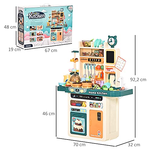 HOMCOM Cocina de Juguete para Niños de +3 Años con Luz Sonidos Agua Vapor Pizarra Fregadero 113 Accesorios Incluidos Cocinita Infantil Educativa 70x32x92,2 cm Multicolor