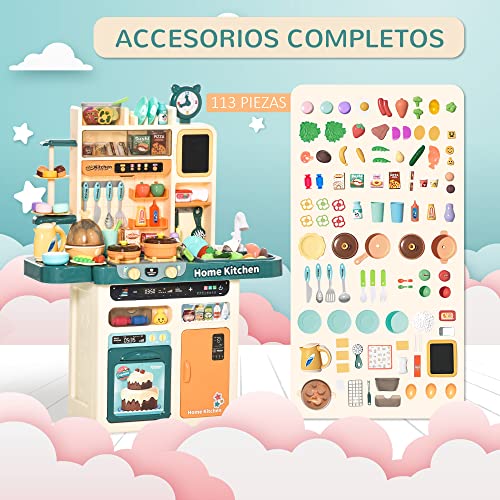 HOMCOM Cocina de Juguete para Niños de +3 Años con Luz Sonidos Agua Vapor Pizarra Fregadero 113 Accesorios Incluidos Cocinita Infantil Educativa 70x32x92,2 cm Multicolor