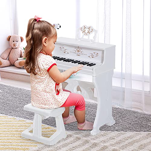 HOMCOM Piano Electrónico Infantil de 37 Teclas Juego de Piano con Micrófono Taburete Luces y 22 Canciones USB/MP3/Bluetooth Karaoke 53,5x27x63 cm Blanco