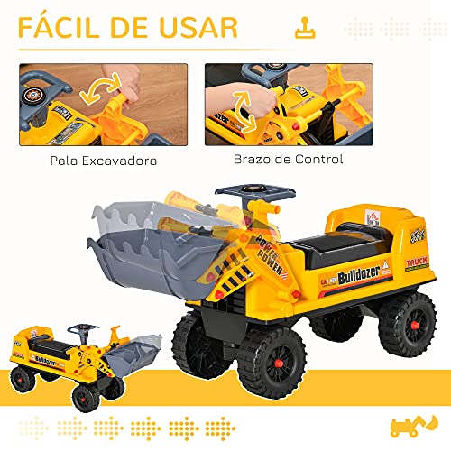 HOMCOM Tractor sin Pedales para Niños de 2-3 Años con Pala Excavadora Espacio de Almacenaje Oculto y Bocina 70x26x37 cm Amarillo