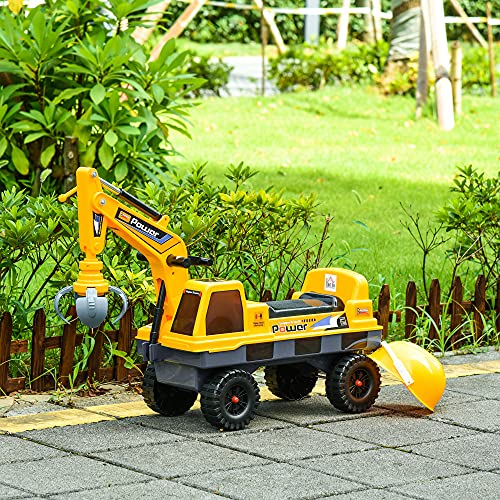 HOMCOM Tractor sin Pedales para Niños de 2-3 Años Excavadora Correpasillos con Pala Delantera Luces Música y Espacio de Alamcenaje Oculto 90x28x58 cm Amarillo