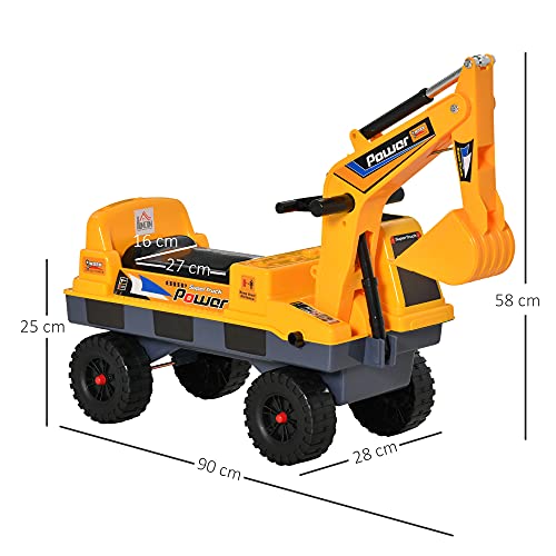 HOMCOM Tractor sin Pedales para Niños de 2-3 Años Excavadora Correpasillos con Pala Delantera Luces Música y Espacio de Alamcenaje Oculto 90x28x58 cm Amarillo