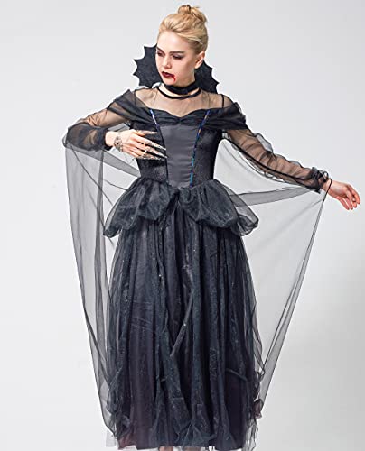 IKALI Disfraz de bruja para mujer, negro, con tutú, vestido victoriano con capa