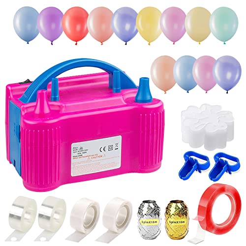 Inflador Eléctrico de Globos, Inpher 120 Piezas Bomba de Globo, Bomba de Aire Portátil de Doble Boquilla， Manual y Automático para Fiesta, Boda, Cumpleaños, Navidad, Año Nuevo, 600W