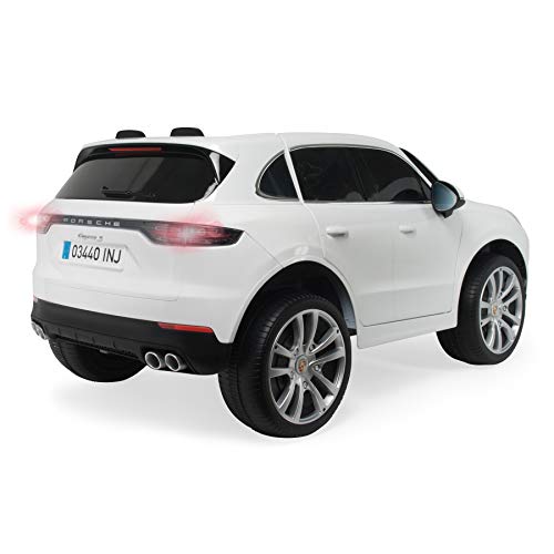 INJUSA - Coche Porsche Cayenne S 12V Blanco para Niños +3 Años con Apertura de Puertas Cambio de Marchas Luces y Sonidos