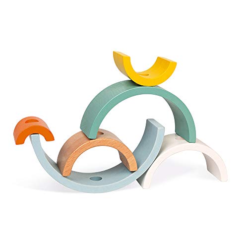 Janod - Tortuga Arco iris de madera - Juego de Aprendizaje Infantil, 6 Círculos Apilables - Tortuga para tirar con la cuerda - Juguete de Madera, Pintura al Agua - A partir de 18 meses, J04405