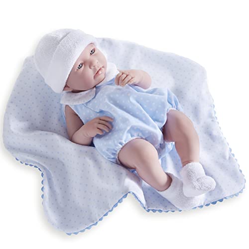 JC Toys - Muñeca Realista Bebé de Niño, Anatómica Correcta, 43,2 cm Vinilo Traje y Manta de Berenguer Boutique