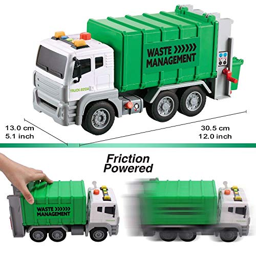 JOYIN 32CM Camión de Basura Coches de Friccion con Luces y Sonidos con 3 Bote de Basura Vehiculos Juguete Regalos para Niños Infantil