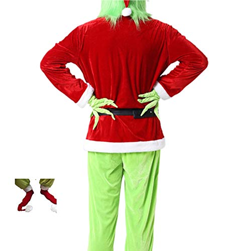Kaizizi Disfraz de Papá Noel Grinch para adulto, como Grinch robó Navidad, 7 piezas de disfraces de cosplay con máscara de monstruo de pelo verde, guantes para Navidad