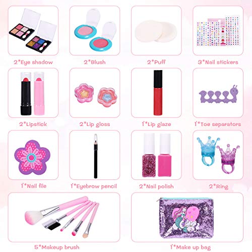 Kastiny Kit de Maquillaje Niñas, 27 Piezas Maquillaje Niñas Set Cosmético No Tóxico Lavables con Bolsa Sirena y Esmalte Uñas, Regalo de Cumpleañ