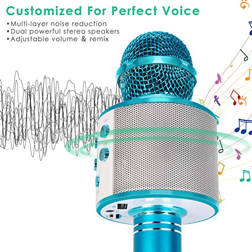 KIDWILL Micrófono Inalámbrico Bluetooth Karaoke, 5-en-1 Portátil Radio FM Karaoke Mic Altavoz Reproductor Grabador para Niños Adultos Cumpleaños Fiesta KTV Compatible con iPhone Android iPad PC(Azul)