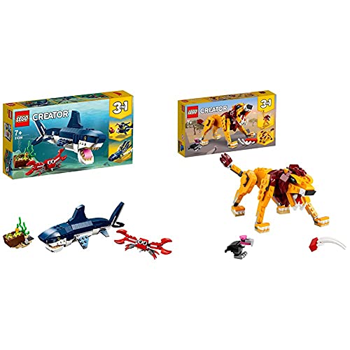 LEGO  31112 Creator 3 En 1 León Salvaje, Avestruz Y Jabalí, Set De Construcción+ 31088 Creator 3En1 Criaturas del Fondo Marino, Tiburón O Calamar O Pez Pescador, Juguete De Construcción