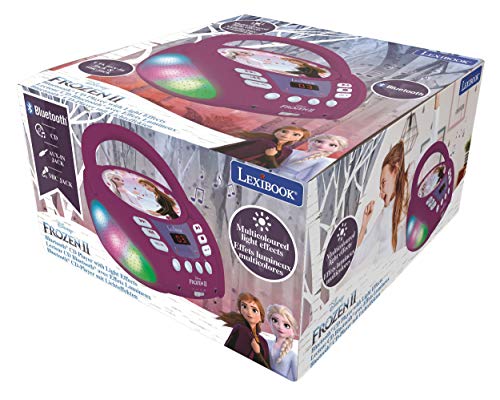 Lexibook Disney Frozen 2-Lector de CD Bluetooth Portátil, Efectos multicolores, Entrada para micrófono, AUX IN, AC o funciona con batería, Niños, Púrpura