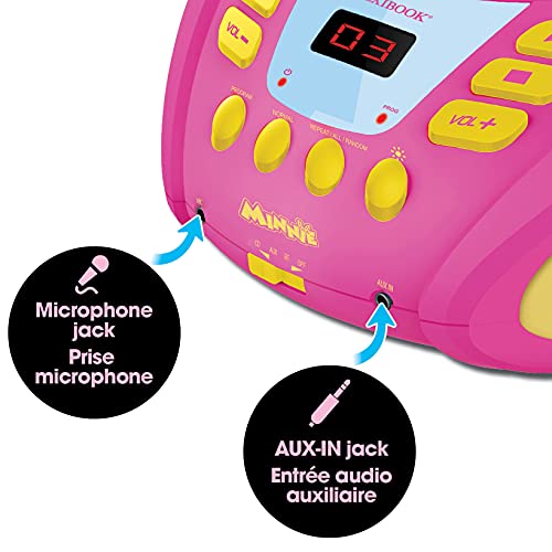 LEXIBOOK- Disney Minnie - Lector de CD Bluetooth para niños – Portátil, Efectos Multicolores, Entrada para micrófono, AUX IN, AC o Funciona con batería