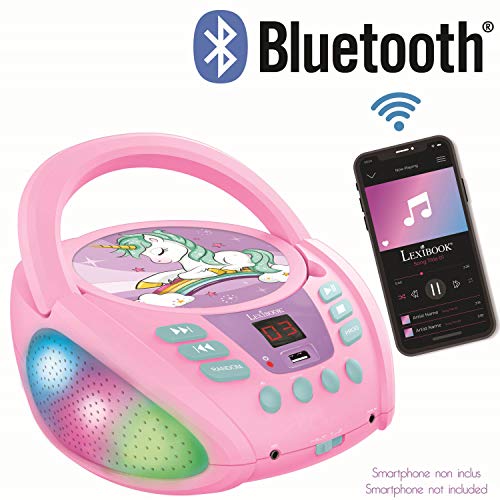 LEXIBOOK- Unicornio-Lector de CD Bluetooth Portátil, Efectos Multicolores, Entrada para micrófono, AUX IN, AC o Funciona con batería, Niños, Rosa (RCD109UNI)