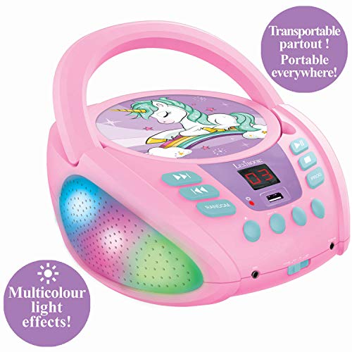 LEXIBOOK- Unicornio-Lector de CD Bluetooth Portátil, Efectos Multicolores, Entrada para micrófono, AUX IN, AC o Funciona con batería, Niños, Rosa (RCD109UNI)