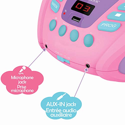 LEXIBOOK- Unicornio-Lector de CD Bluetooth Portátil, Efectos Multicolores, Entrada para micrófono, AUX IN, AC o Funciona con batería, Niños, Rosa (RCD109UNI)