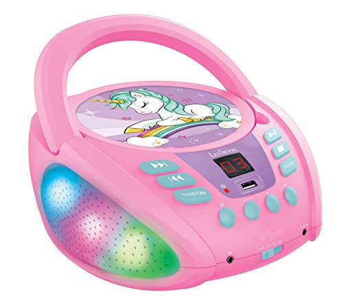 LEXIBOOK- Unicornio-Lector de CD Bluetooth Portátil, Efectos Multicolores, Entrada para micrófono, AUX IN, AC o Funciona con batería, Niños, Rosa (RCD109UNI)