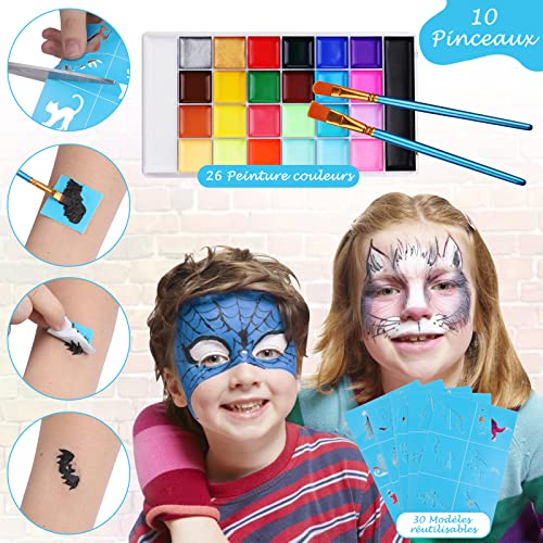 Lictin Pinturas Cara y Corporales-26 Colores + 10 Cepillos, Pintura Facial Corporales Seguro y Saludable Pintura Facial Lavable para Halloween